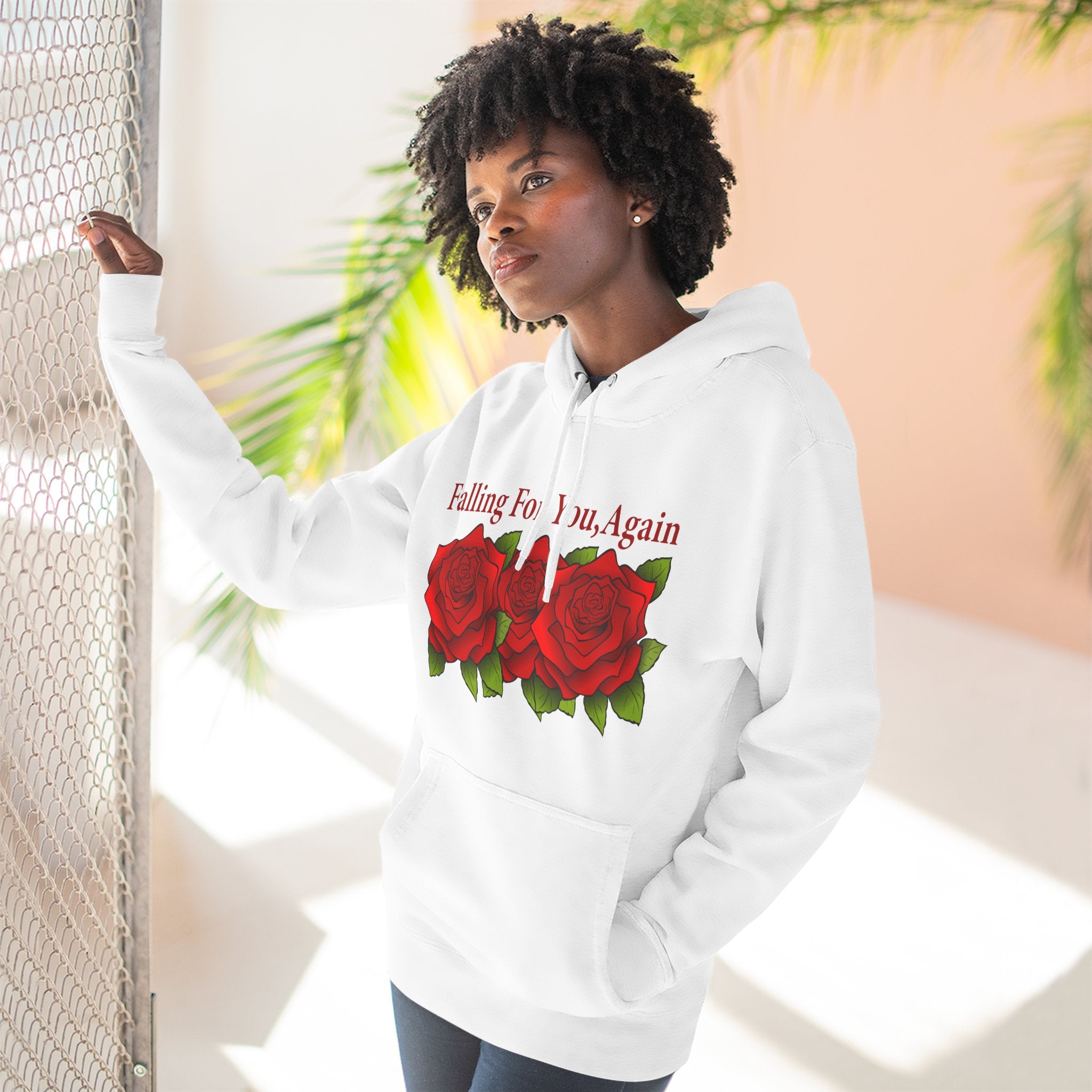 Romantic Rose Hoodie — "Falling For You Again" Graphic Pullover
