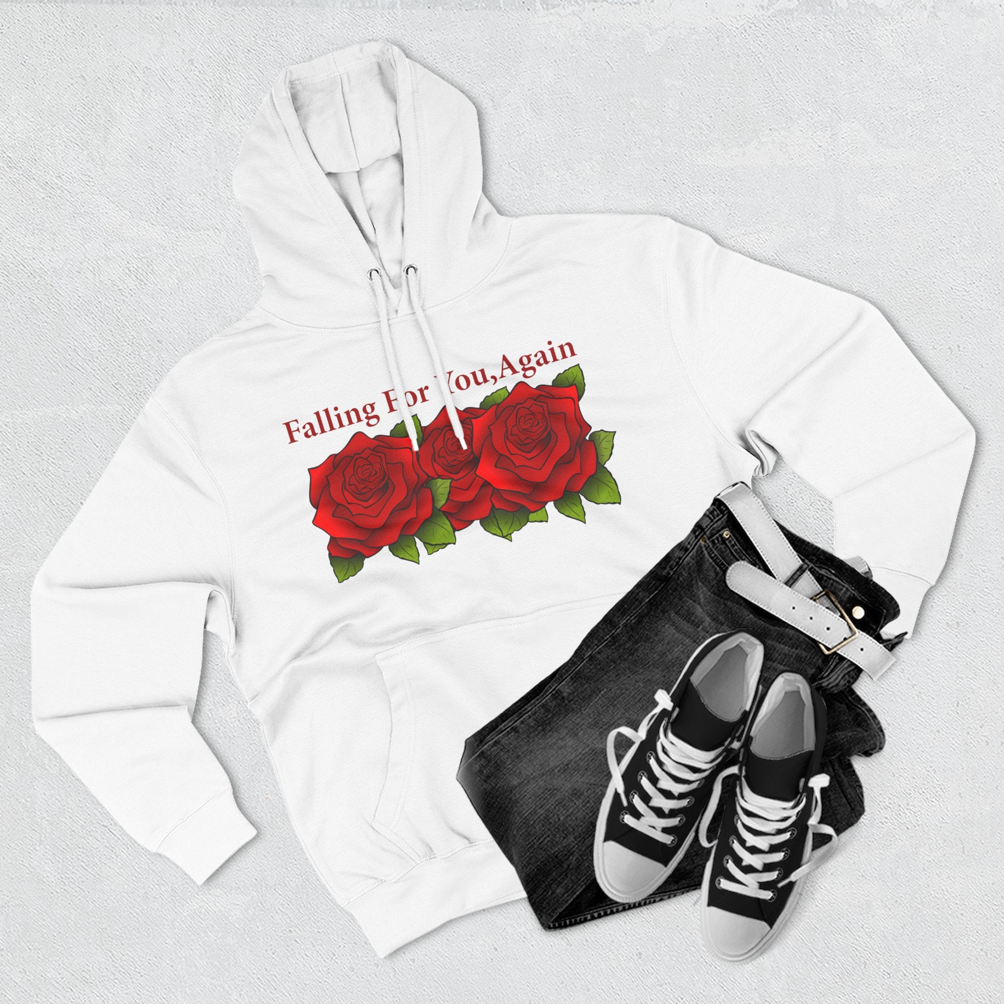 Romantic Rose Hoodie — "Falling For You Again" Graphic Pullover
